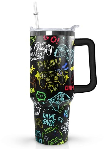Ceovfoi 40 oz GamerTumbler with Handle Lid and Straw,Game Stainless Steel Coffee Tumbler Mug Cup Watter Botter,Game Gifts for Gamer Lovers, Gaming Stuff/Accessories
