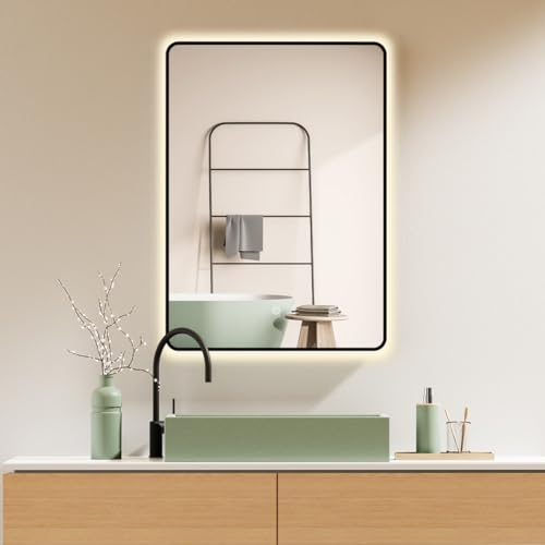 HOKO LED Spiegel 100x70 cm Georgia mit Schwarzer Metallrahmen, HOCH+QUER Montage Ganzkörperspiegel. Energiesparend XL Spiegel +Touch Schalter+Licht Wechsel 2700-6500K, Warmweiß-Kaltweiß-Neutral