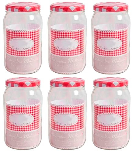 Acan Tradineur - Pack de 6 Botes Multiusos con Tapa de Rosca - Fabricado en Vidrio - Ideal para Mermelada, Miel, Frutos Secos, Especias - Ø 20,5 x 12 cm - 2 L