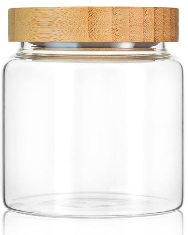INCETUE 480ML/16Oz Clear Glass Storage Canister with Airtight Bamboo Lid, Cute Decorative Food Container Jar for Coffee, Spice, Sugar, Salad, Flour, Pepper, Candy, Cookie, Overnight Oats - Small