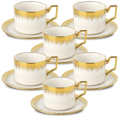 LETAOTAO Lot de 6 tasses à cappuccino avec soucoupes, tasses à café empilables en céramique et soucoupe avec bordure dorée, pour double expresso, tasses à thé, blanc