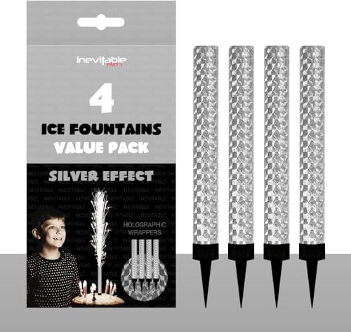 Pack of 4 Ice Fountains | Cake Topper Decoration | Prosecco Champagne Fountain | Sparkling Fountain | Gold or Silver | Birthdays, Christmas, New Year and Weddings (Silver)