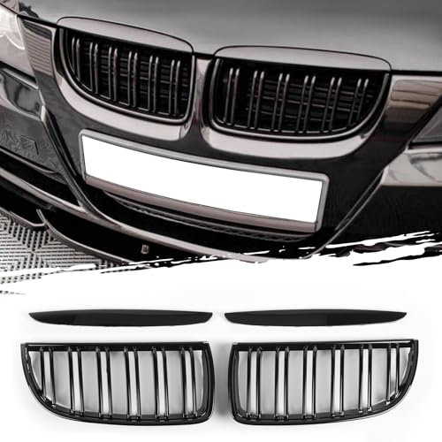 AggAuto Glänzend Schwarz Kühlergrill, Front Nieren 6-Doppelstab, Frontscheinwerfer Augenbrauen Fit für BMW Serie 3, E90/E91, 2005-2008