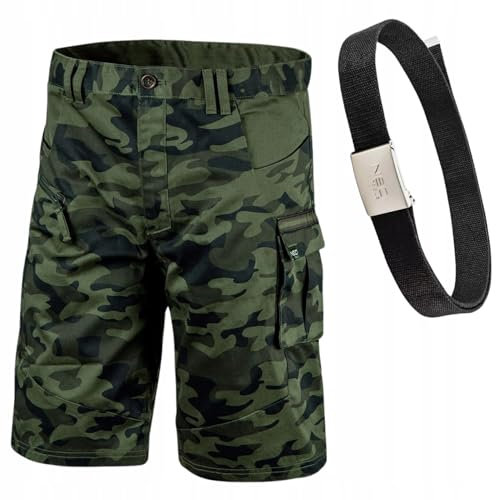 NEO TOOLS Camouflage Hose Herren Kurz mit Gürtel Gr. 48-58 | Multifunktionale Taschen - Grün Arbeitshose Kurz Herren - Arbeitshose Sommer - Arbeitshosen Männer Kurz Gr. 58