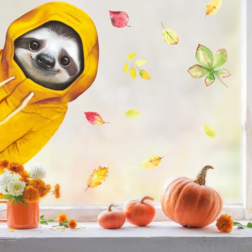Wandtattoo Loft Fensterbild reinschauendes Faultier mit gelbem Schal Regenjacke bunte Blätter Herbst herbstlicher Fensteraufkleber Fensterdeko Herbstdeko, 2. A3 Bogen, Von Links