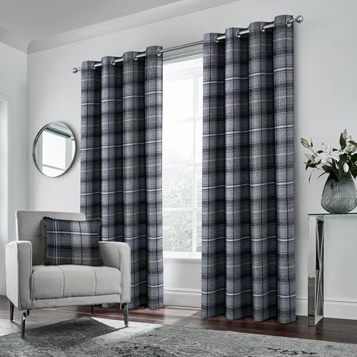 always4u 2 Stück Karo Vorhang 100% Verdunkelnd Wärmeisolierend mit Ösen Doppelvorhänge aus Kunstwolle für Schlafzimmer Wohnzimmer Modern L 140 x H245cm Grau Schwarz