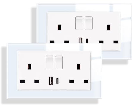 JIMEIDA 2 Pack Double Switched Socket White 20W Fast Charging 13 Amp with USB A and Type C Charging Ports Crystal Glass Panel Switched Socket