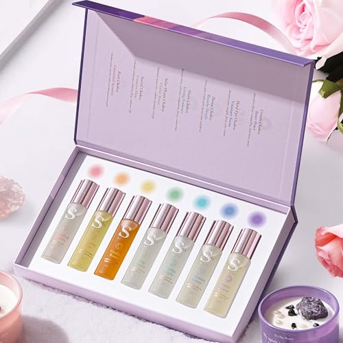7 Chakra Crystal Essential Oil Rollerball Gift Set - 7 x 15ml Natural Aromatherapy Oils for Stress, Anxiety Relief & Sleep | Unique Mother's Day, Spiritual & Birthday Gifts for Mindfulness, Self-Care