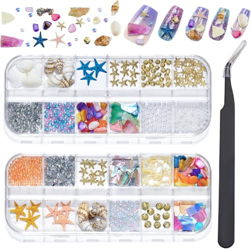 CRASPIRE 2 Boxes Natural Ocean Nail Art Charms Kit 3D Summer Beach Seashell StarfishConch Tweezer Nail Rhinestones Abalone Nails Flakes Studs Gems Beads Irregular Stone for DIY Women Design Decor