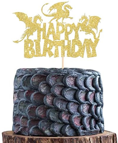 SYKYCTCY 1 Pack Dragon Happy Birthday Cake Topper Glitter Fantasy Birthday Cake Pick forMedieval Dragon Theme Baby Shower Kids Birthday Party Cake Decorations Supplies Gold