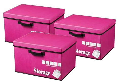 simpa Multi Purpose Collapsible Storage Box Organiser Set 25cm (H) x 40cm (W) x 30cm (D) - Pink Set of 3