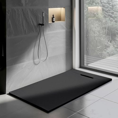 Yellowshop - GENESIS Piatto doccia rettangolare marmoresina h 2,5 cm antracite e bianco finitura ardesia scarico laterale a scomparsa con sifone diverse dimensioni (Antracite, 90x140)