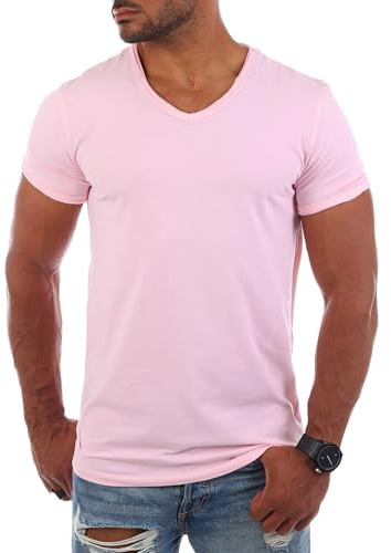 Carisma Herren Uni Basic T-Shirt mit tiefem V-Ausschnitt Vintage Destroyed Kragen Effekt einfarbig Dehnbare Passform, Grösse:4XL, Farbe:Rosa