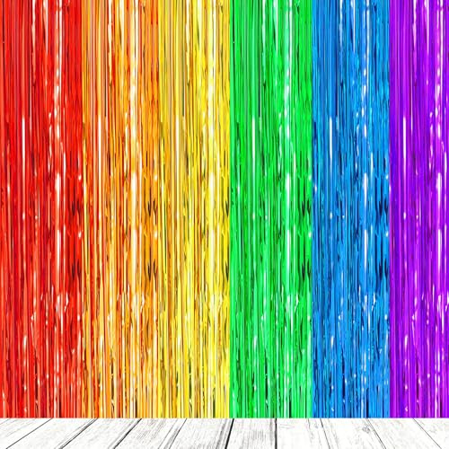 YIAJIA Rainbow Foil Curtain, 2Pcs 3.2ft x 6.5ft Gay Pride Decorations, Rainbow Fringe Curtains for Birthday Wedding Bridal Baby Shower Holiday Party Decorations Door Streamer