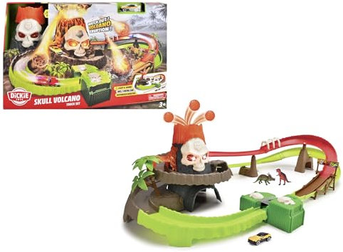 Dickie Toys - Autorennbahn Skull Volcano Track Set (100 cm) mit Vulkan-Ausbruch, Auto & Dinosaurier-Zubehör - Spielzeug-Autobahn für Kinder ab 3 Jahre, mit Licht & Sound, inkl. Batterien