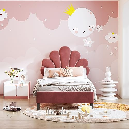 Mutuolux Lit Fille Simple 90 x 200 cm, rembourré, avec tête de lit en Forme de Fleur et sommier à Lattes, Cadre de Lits Stable, pour d'enfant et d'adolescent, Velours Doux pour la Peau,Rouge
