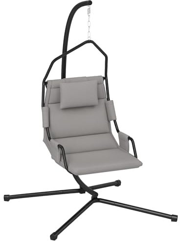 Outsunny Poltrona Sospesa da Giardino Imbottita con Cuscino Poggiatesta, Gancio e Catena, Sedia Sospesa da Esterno in Acciaio e Poliestere, 118x98x192 cm, Grigio e Nero
