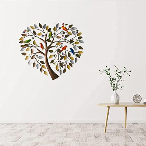 Grand arbre de vie en métal - Oiseaux sur une branche - Art mural en forme de cœur - Décoration murale à suspendre pour extérieur et intérieur