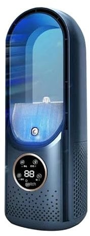 Oamger Rotorloser Ventilator, Turmventilator Leiser mit Befeuchtungsspray, 6 Geschwindigkeiten, LED-Anzeige, 6h Timer,30cm USB-Tischventilator, für Schlafzimmer, Büro (Blau)