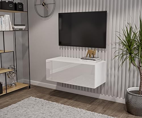 HAJDUK FURNITURE Weiß TV Lowboard 90 cm Hängeschrank für Wohnwand Fernsehtisch Hochglanz Front MDF Fernsehschrank Kabelöffnung Push-to-Open