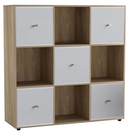 URBNLIVING 9 Cube Storage Unit with 5 Foldable Fabric Drawers, Wooden Freestanding Bookcase Shelf Organiser, Modern Cube Shelving for Bedroom, Office, Living Room, Toys, Clothes & Books