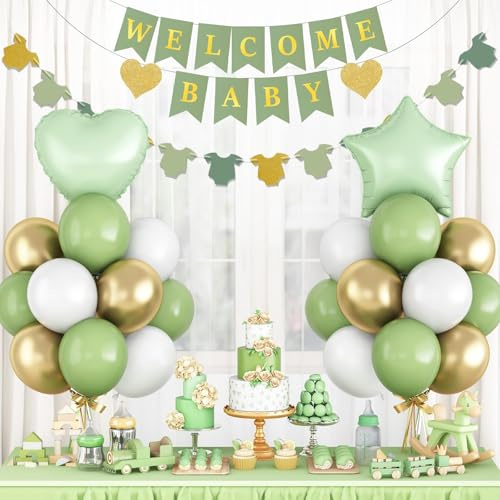 Sage Green Baby Shower Decorations Olive Green Gold White Oh Welcome Baby Balloon Set with Star Heart Foil Balloons Shower Bunting Banner Bodysuit Paper Garland Neutral Gender Reveal Party Boys Girls