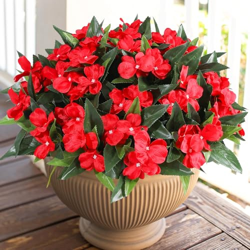 Veryhome Artificial Flowers Outdoor 2 Bundles Silk Flower Bouquet Fake Geraniums Impatiens for Outdoor Indoor Artificial Plants UV Resistant for Home Garden Vase Window Boxes Balcony Decor(Red)