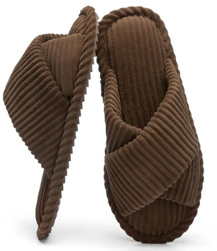 GOEWY Zapatillas Mujeres con Memory Foam, Pantuflas de Pana para Hogar, Punta Abierta y Lazo Cruzado, Suela Antideslizante. Regalo Cómodo y Moderno para Ella.