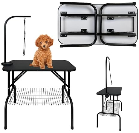 QEENTOE Hundefriseur Tisch Klappbar, Höhenverstellbar - Professioneller Trimmtisch mit Sicherheitsarm&Stauraum - Für Tierpflegesalon & Heimgebrauch, Schwarz-80.5x46x76cm