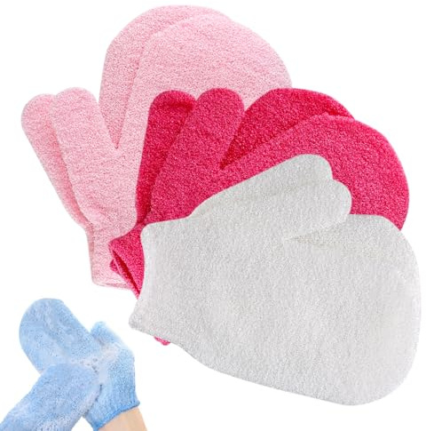 Exfoliating Gloves 6pcs Bath and Body Exfoliator Mitts, Bamboo Shower Gloves, Scrubs Away Ingrown Hair and Dead Skin, for Shower, Spa, Massage and Dead Skin Cell Remover Loofah (Pink, Rose Red, White)