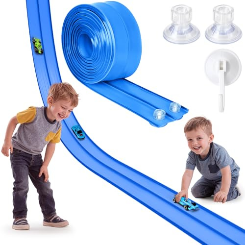 Hot Bee Circuit de course flexible de 4,5 m pour enfants, jouets pour garçons de 3 ans et plus, rampes de voiture de course flexibles pour voitures jouets, double piste de course portable, pour