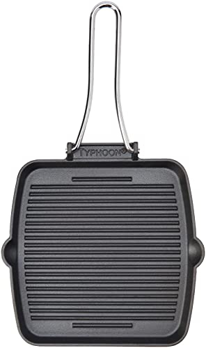 Typhoon World Foods 26.5 cm Square Durable Cast Iron Pre-Seasoned Chargriller with a Folding Handle