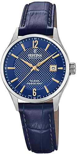 Festina Uhr Für Damen F20009/3 Swiss Made Silber Edelstahl Case BlauLeder Band