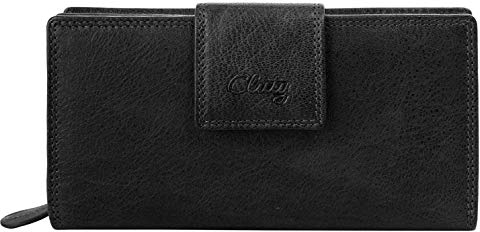 Cluty Geldbörse Echt Leder Damen | RFID Portemonnaie, Brieftasche mit Münzfach, Kartenetui aus Leder, Geldbeutel mit Reißverschluss schwarz | 020349