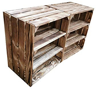 Teramico Holzkiste geflammt 50x40x30cm Set (2er Set, 2 x Ablage Kurz) | Neu geflammte Obstkisten; aus Handarbeit; mit festen Zwischenböden; ideal für Aufbewahrung, den Möbelbau und Dekoration.