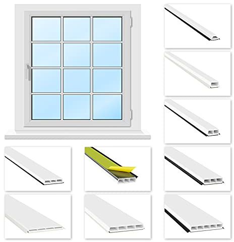HEXIM Fenstersprossen weiß 1 & 2 Meter - selbstklebende Glassprossen aus PVC Kunststoff, Dichtungslippen(steil & ausgestellt) in grau und schwarz - HJ G77(2000x77x8mm, graue Lippe)