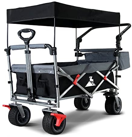 TOPWELL All-Terrain Bollerwagen Faltbarer 360° Räder Gartenwagen Strandwagen mit Dach und Doppelbremse 100L, 120KG Black/13#Gray