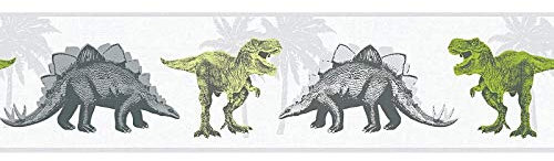 Papier peint dinosaure Papier peint enfant Frise papier peint Gris Vert Blanc 358361 SP04397 | Papier excellent rapport qualité/prix