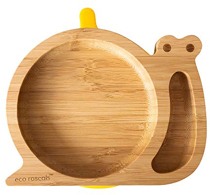 eco rascals Plato de bambú natural con forma de caracol para bebé pequeño, plato de succión para bebé en forma de caracol, plato de alimentación para destete con dos secciones, base de succión