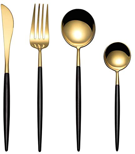 Juego De Cubiertos Modernos Cuchillo Tenedor Cuchara Cucharadita Juego De Cubiertos Bañados En Oro Juego De Vajilla Para Pulir Espejo Para El Hogar, Cocina, Fiesta, Restaurante, Negro Y Dorado