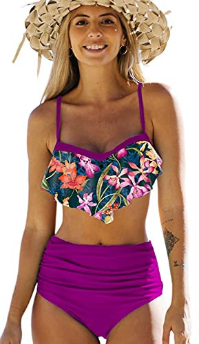 JFAN Costume da Bagno Donna Due Pezzi Bikini A Vita Alta Bottom Increspato Stampa Floreale Halter Ruffle Coordinati Viola L
