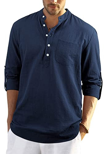 Enlision Mens Cotton Linen Shirt Long Sleeve Button Down Summer Navy Blue Henley Shirts Casual Business Shirt Tops 2XL