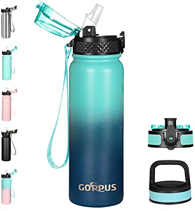 GOPPUS Bouteille d'eau Acier Inoxydable 600ml/20oz avec Paille Bouteille Sport Isolée Flacon Bouteilles d'eau en Métal Rabattables à Double Paroi Étanche pour les Sports de Gym avec 3 Couvercles