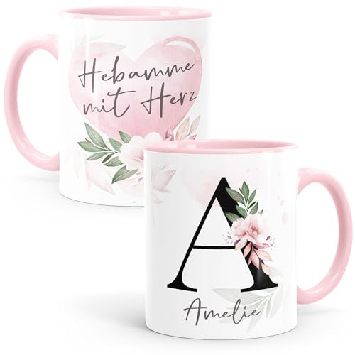 SpecialMe® Kaffee-Tasse mit Name und Spruch mit Herz Initiale Monogramm Dankeschön personalisierte Geschenke Hebamme rosa Keramik-Tasse