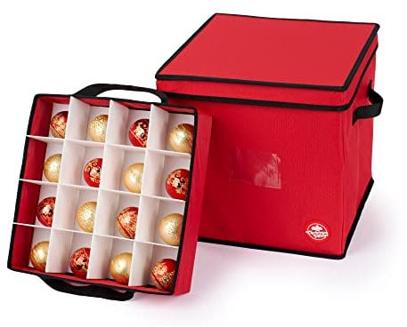 Christmas Village 64 Bauble Storage Bag with Adjustable Dividers, Removable Lid – 600D Fabric Premium Bag for Xmas Tree Decors Organisers, Festive Ball Holder & Carry Handles (Red, w/Pull Out Trays)