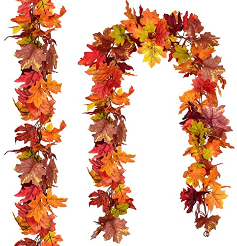 2 Stück Künstliche Ahornblatt Girlanden, 360cm Herbstdeko Herbst Deko Dekoration Innen Outdoor Autumn Decor Halloween Decor Halloweendeko mit Haken, Thanksgiving Dinner Party Kamin