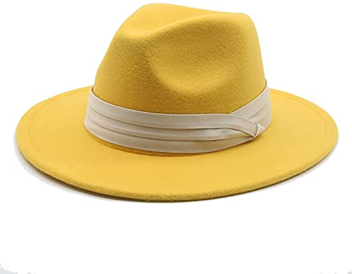 QBQZXAOSOWH Fedora Trilby Hüte Für Frauen Fedoras Hüte Klassische Panama-Männer Breite Krempe Filzhut Kirche Hochzeit Filzband 56-58 cm (Erwachsene) Gelb