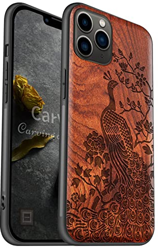 Carveit Coque Compatible avec iPhone 11 Pro Étui en Bois [Etui en Bois Rigide Antichoc avec Cadre en TPU] Téléphone Étui pour 11 Pro Premium Coque de Protection (Rosé-Paon élégant)