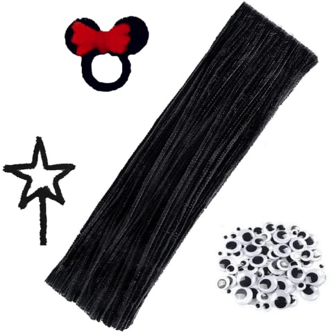 KIMMAX 100 Stück Pfeifenreiniger Schwarz Chenilledraht 30cm Bastelset und 100 Wackelaugen für Kinder Basteln und Weihnachten Dekorieren (Schwarz)