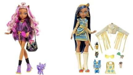 Monster High Mattel Clawdeen - Puppe mit Animal-Print-Pullover und schaurig-schönem Longsleeve-Top & Cleo de Nile Puppe - Königliches Outfit, Killerstiefel